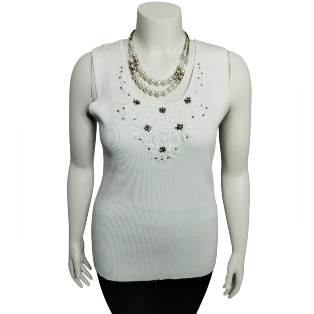 2X Ruby Rd. Woman White Ribbed‎ 3D Floral Embellished Scoop Sweater Fairy Dainty